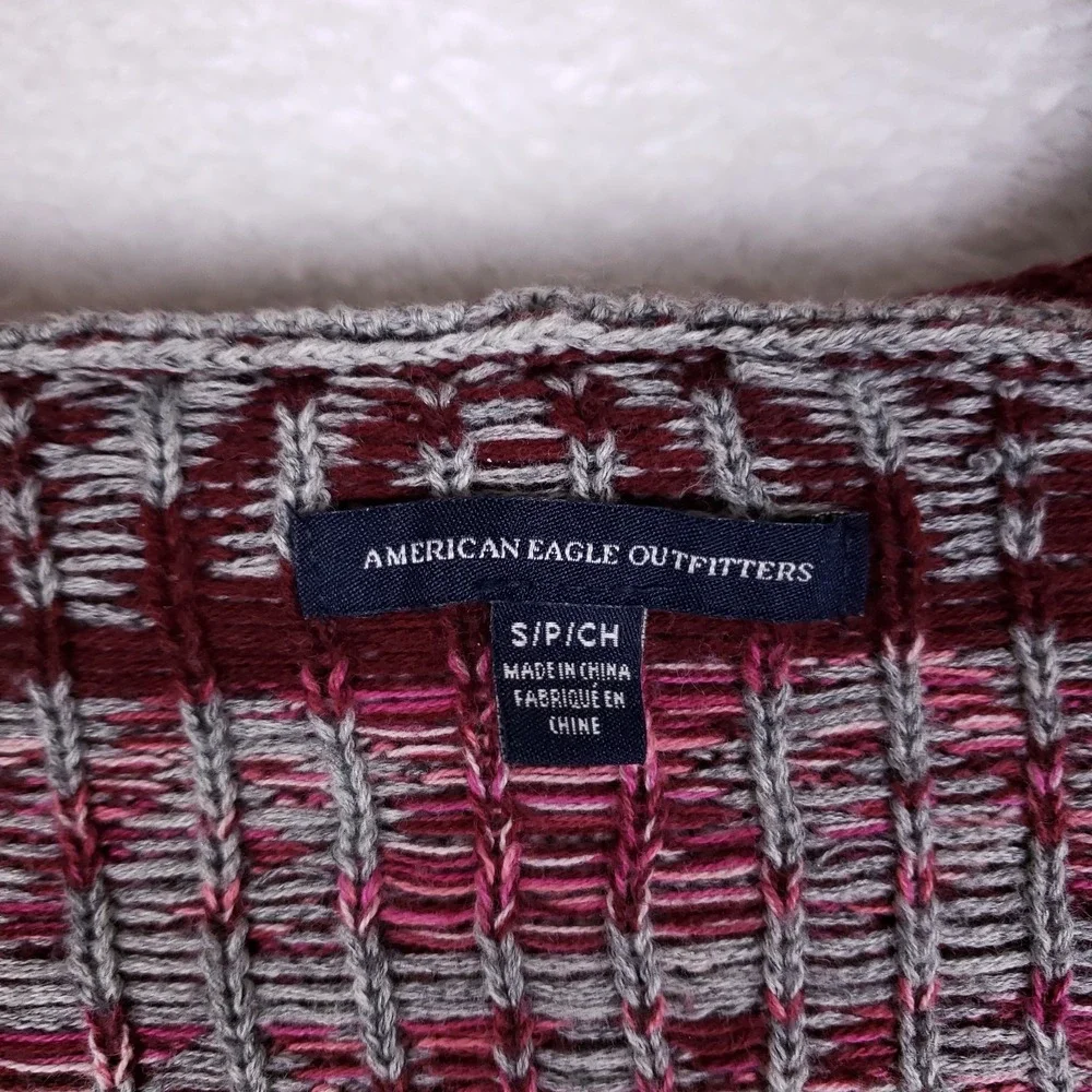 American Eagle‎ Womens Hooded Sweater Small Gray Burgundy Boho Casual